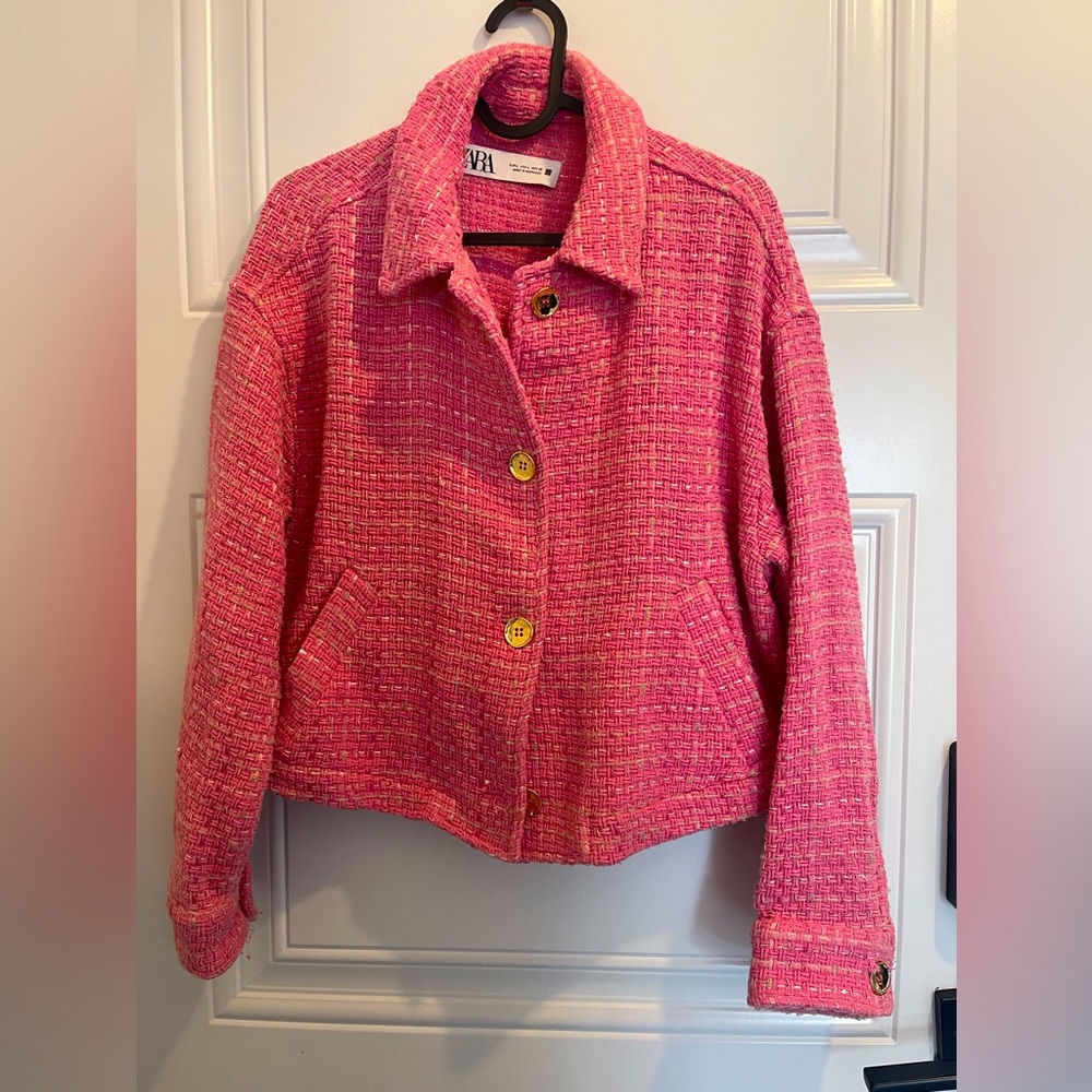 Zara pink tweed button crop blazer